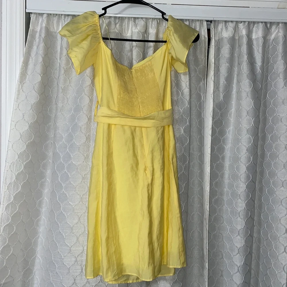 Zara Off The Shoulder Mini Dress Yellow A Line with Tie Waist and Pockets - Picture 3 of 6